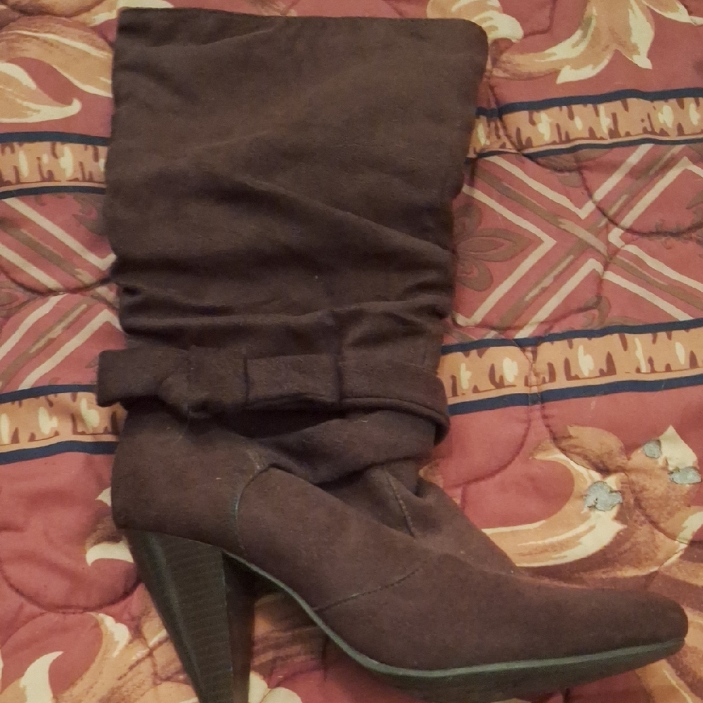 Women's Brown Mid-Calf Heeled Boots with Bow Detail